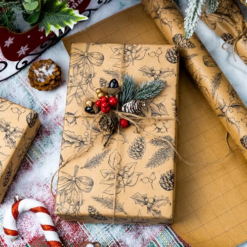 MAYPLUSS Kraft Christmas Wrapping Paper Roll 17 Inch x 33 Feet Kraft Vintage Holly Berry Pinecone Pattern Brown Wrapping Paper Winter Gift Wrap for Rustic Holiday - Image 3