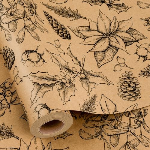 MAYPLUSS Kraft Christmas Wrapping Paper Roll 17 Inch x 33 Feet Kraft Vintage Holly Berry Pinecone Pattern Brown Wrapping Paper Winter Gift Wrap for Rustic Holiday - Image 1