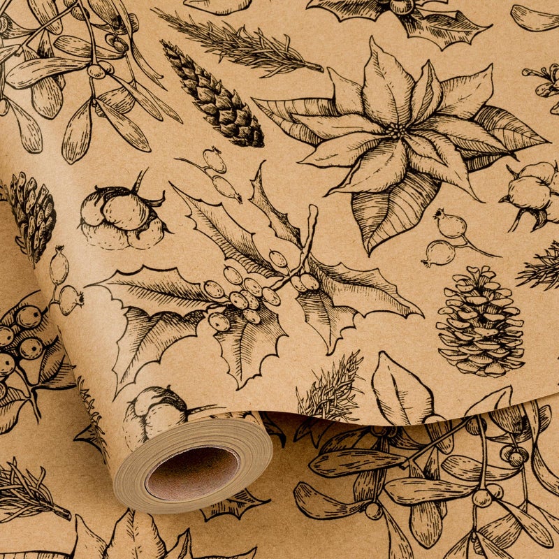 MAYPLUSS Kraft Christmas Wrapping Paper Roll 17 Inch x 33 Feet Kraft Vintage Holly Berry Pinecone Pattern Brown Wrapping Paper Winter Gift Wrap for Rustic Holiday - Image 2