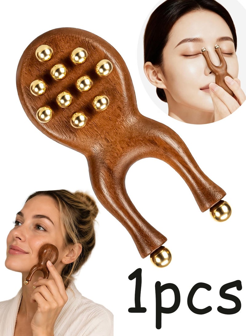 Natural Sandalwood Wooden Guasha Massager Y Shape Massage Roller Equipped With 12 Brass Beads Multifunctional Meridian Acupoint Tool For Facial Eye Nose Ear Care - Image 1