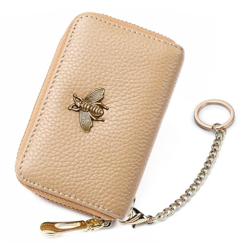 imeetu RFID Credit Card Holder, Small Leather Zipper Card Case Wallet with Keychain and ID Window for Women (Pro,Khaki) - Image 1