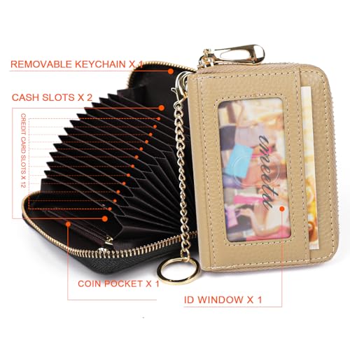 imeetu RFID Credit Card Holder, Small Leather Zipper Card Case Wallet with Keychain and ID Window for Women (Pro,Khaki) - Image 3