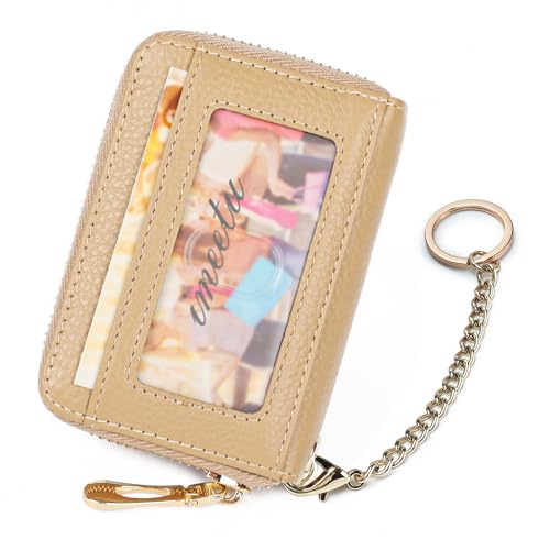 imeetu RFID Credit Card Holder, Small Leather Zipper Card Case Wallet with Keychain and ID Window for Women (Pro,Khaki) - Image 2