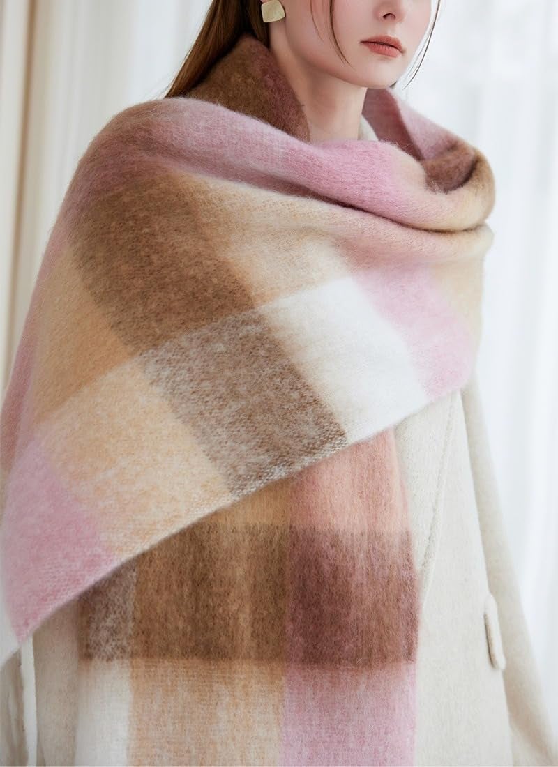 TYHOTULY Chunky Scarf for Women Winter Plaid Thick Warm Long Shawl Wraps Cold Weather Big Christmas Fashion Blanket Scarves (Brown Pink Khaki 21) - Image 3
