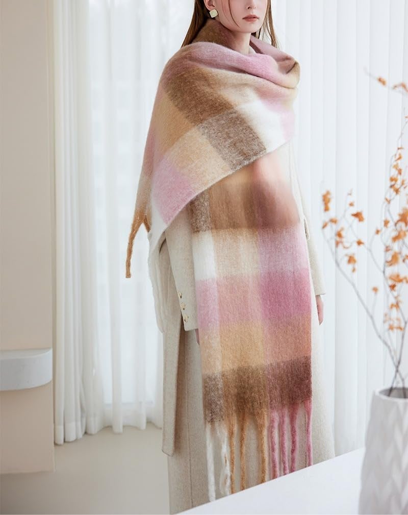 TYHOTULY Chunky Scarf for Women Winter Plaid Thick Warm Long Shawl Wraps Cold Weather Big Christmas Fashion Blanket Scarves (Brown Pink Khaki 21) - Image 2
