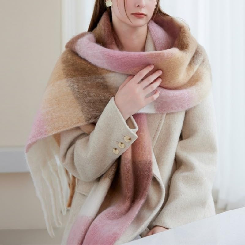 TYHOTULY Chunky Scarf for Women Winter Plaid Thick Warm Long Shawl Wraps Cold Weather Big Christmas Fashion Blanket Scarves (Brown Pink Khaki 21) - Image 4