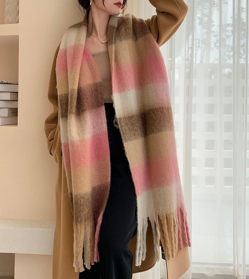 TYHOTULY Chunky Scarf for Women Winter Plaid Thick Warm Long Shawl Wraps Cold Weather Big Christmas Fashion Blanket Scarves (Brown Pink Khaki 21) - Image 5