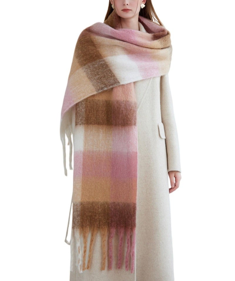 TYHOTULY Chunky Scarf for Women Winter Plaid Thick Warm Long Shawl Wraps Cold Weather Big Christmas Fashion Blanket Scarves (Brown Pink Khaki 21) - Image 1