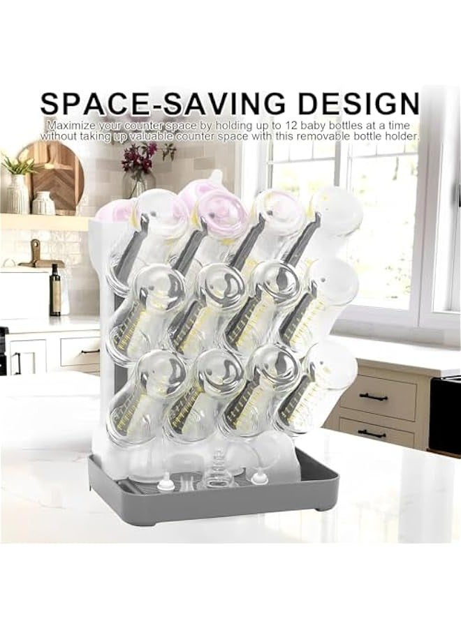 بيوينتي بيونتي رف تجفيف زجاجات الاطفال - رف غسيل وتجفيف زجاجات موفر للمساحة لمستلزمات الطفل، رف عمودي لسطح الطاولة مع حامل فرش، رف زجاجات سفر قابل للفصل للملحقات - Image 4