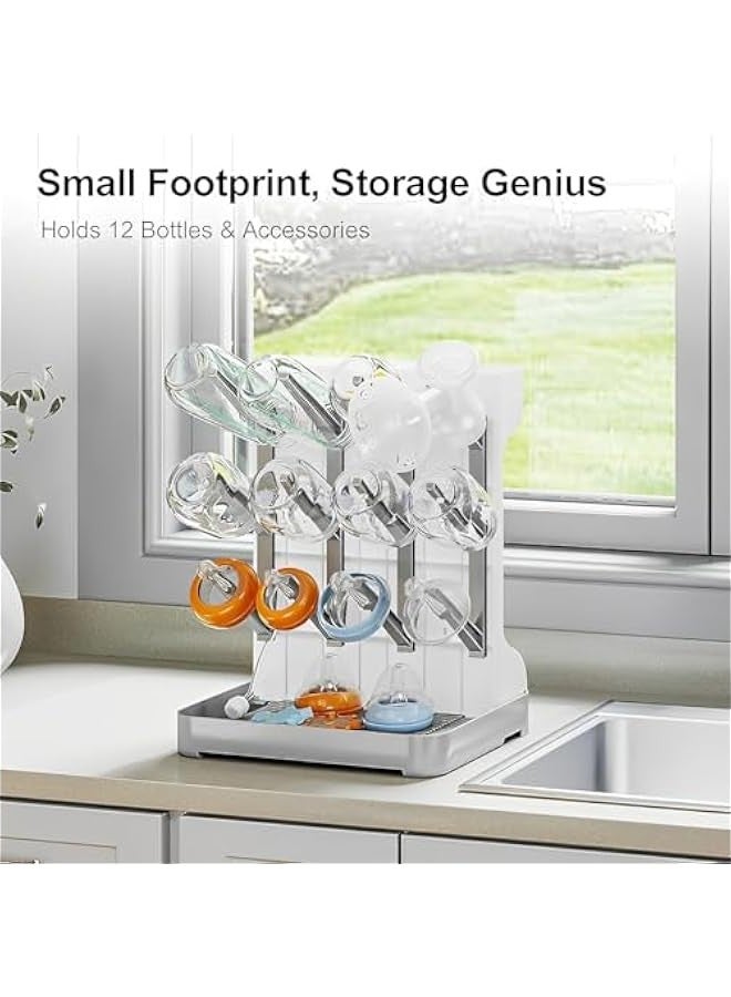 بيوينتي بيونتي رف تجفيف زجاجات الاطفال - رف غسيل وتجفيف زجاجات موفر للمساحة لمستلزمات الطفل، رف عمودي لسطح الطاولة مع حامل فرش، رف زجاجات سفر قابل للفصل للملحقات - Image 5