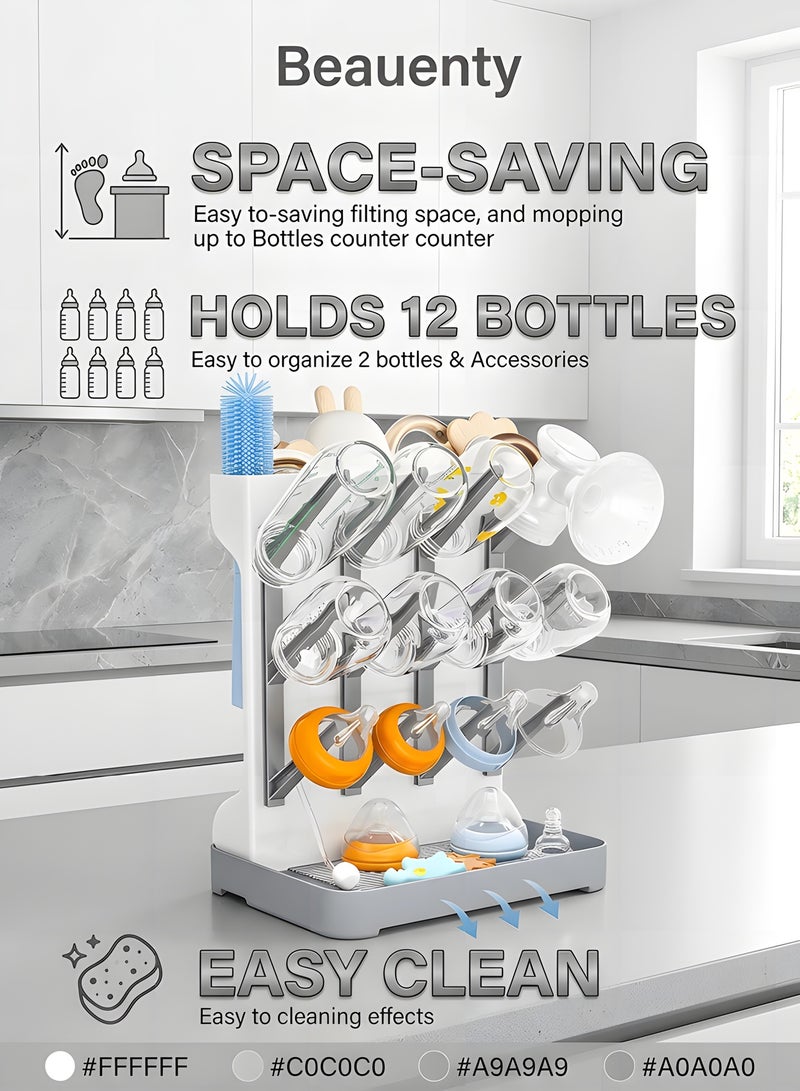 Beauenty Baby Bottle Drying Rack - Space-Saving Bottle Washer & Drying Rack for Baby Essentials, Countertop Vertical Rack with Brushes Holder, Detachable Travel Bottle Rack for Accessories - Image 2