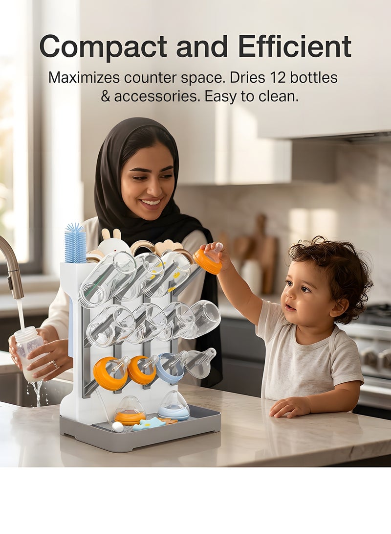 Beauenty Baby Bottle Drying Rack - Space-Saving Bottle Washer & Drying Rack for Baby Essentials, Countertop Vertical Rack with Brushes Holder, Detachable Travel Bottle Rack for Accessories - Image 3