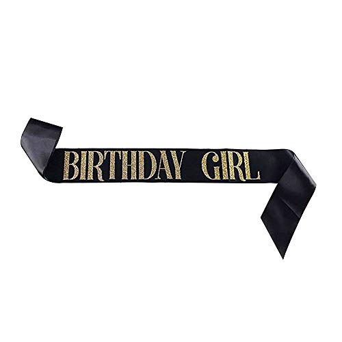 Dadam Birthday Sash for Girls Black Satin Birthday Girl Sash with Gold Glitter Lettering Party Favors, Supplies and Decorations - Image 1