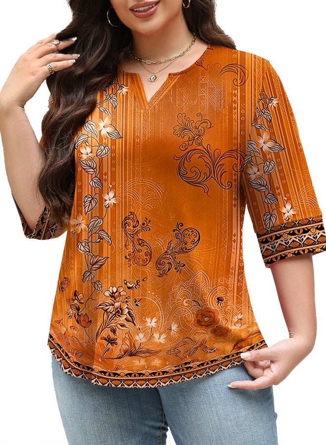 TFSDOD Plus Size Tops for Women V Neck T Shirt 3/4 Length Sleeve Blouse Dressy Casual Tee Loose Fit XL-5X, Orange Yellow Floral, 4XL - Image 2
