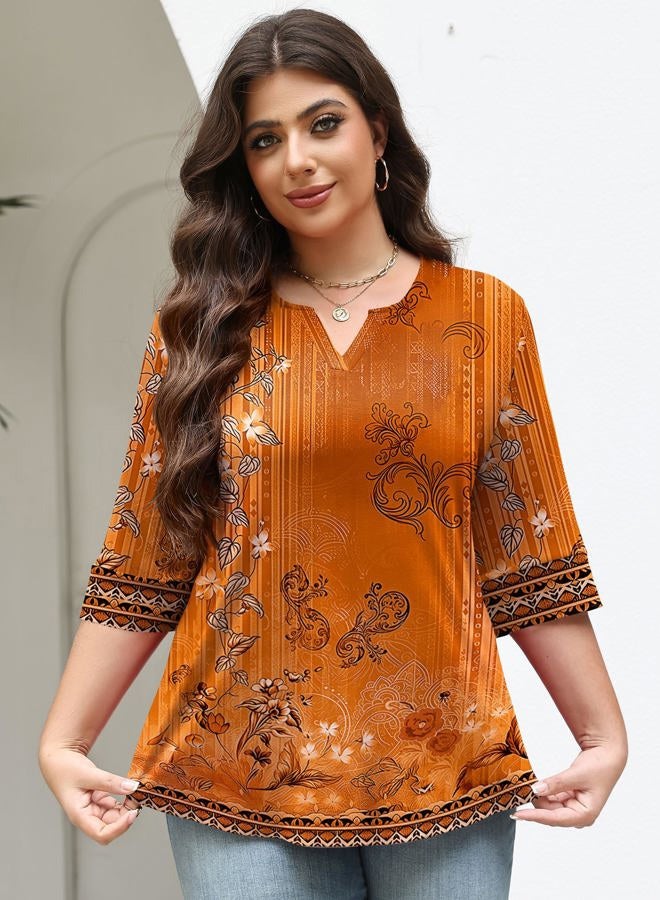 TFSDOD Plus Size Tops for Women V Neck T Shirt 3/4 Length Sleeve Blouse Dressy Casual Tee Loose Fit XL-5X, Orange Yellow Floral, 4XL - Image 3