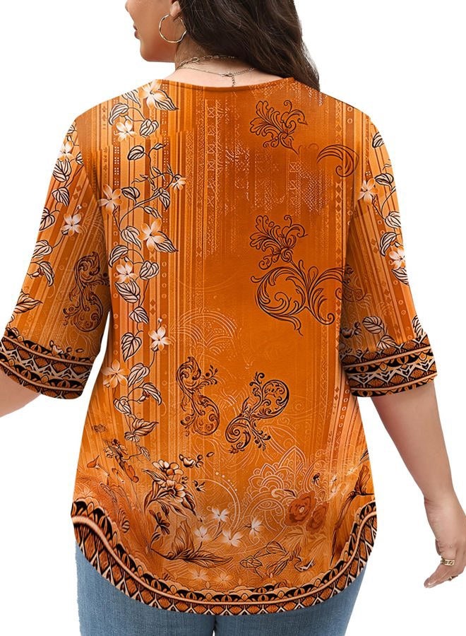 TFSDOD Plus Size Tops for Women V Neck T Shirt 3/4 Length Sleeve Blouse Dressy Casual Tee Loose Fit XL-5X, Orange Yellow Floral, 4XL - Image 4