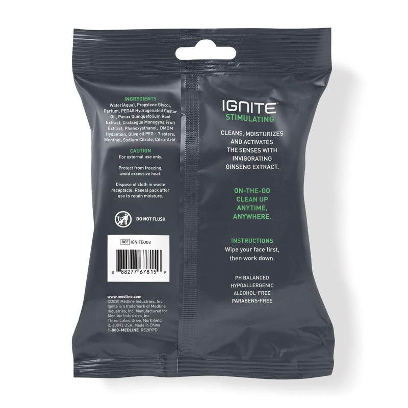 Medline Ignite Mens Body Wet Wipes, Extra Thick 8" x 8" Shower Wipes, Stimulating Scent, 10 Count - Image 2