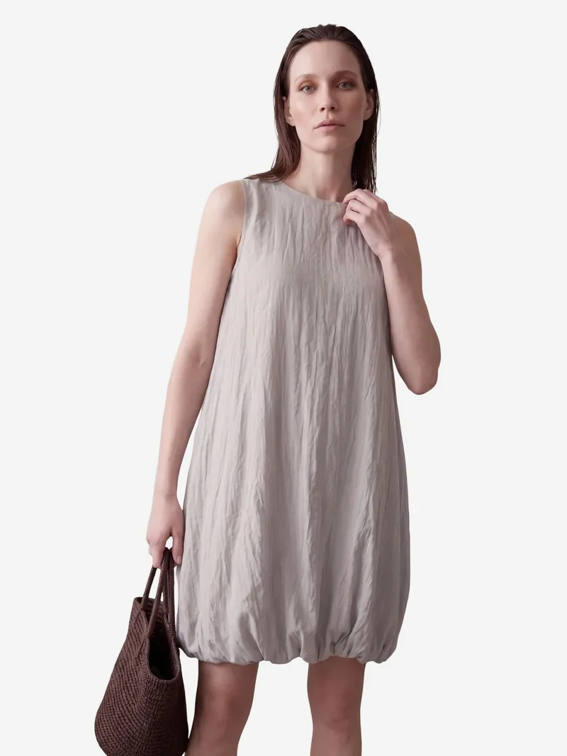 My Fashion Stone Natural MY FASHION Loose Mini Dress in Textured Lyocell for Women | Best Price UAE