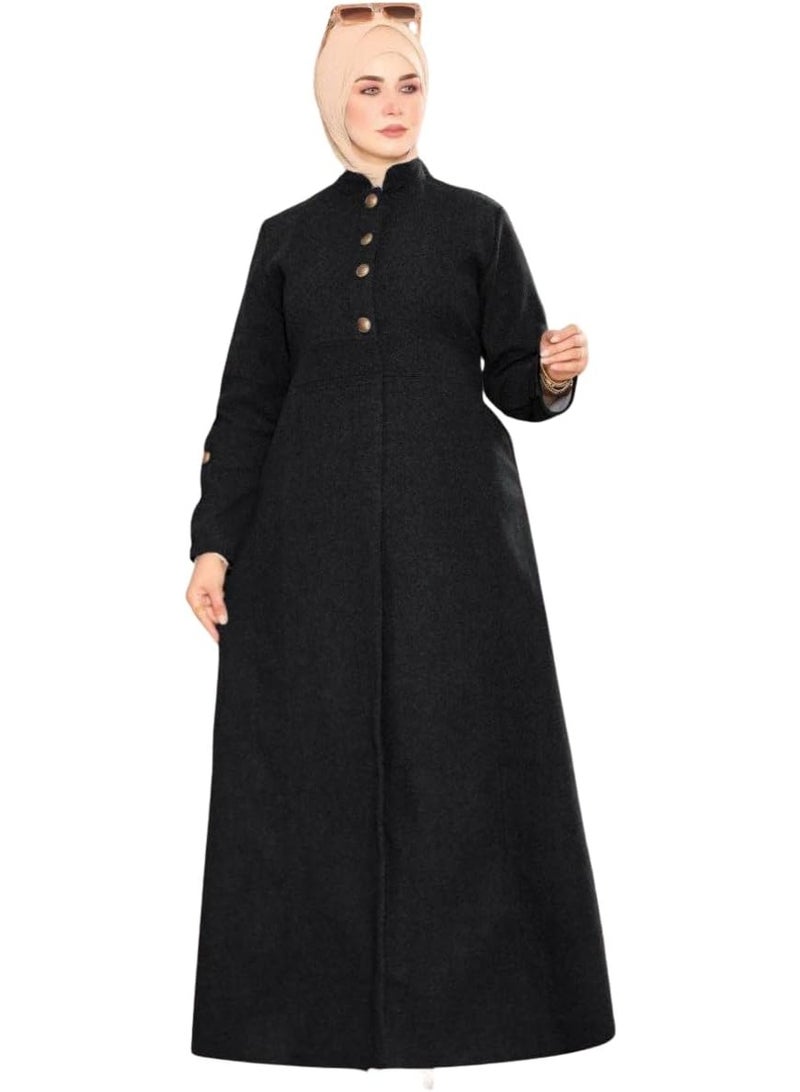 فستان شتوي طويل من الجوخ للمحجبات – تصميم محتشم ومريح للشتاء - Image 1