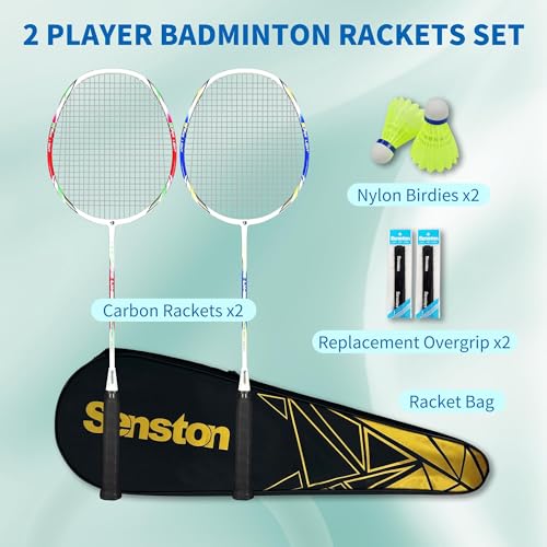 Senston Badminton Rackets for Backyard & Beginners, 2 Carbon Fiber Racquets Set with Bag, Shuttlecocks, Grips - 22LBS High Tension, Lightweight for Adults Family - Image 2