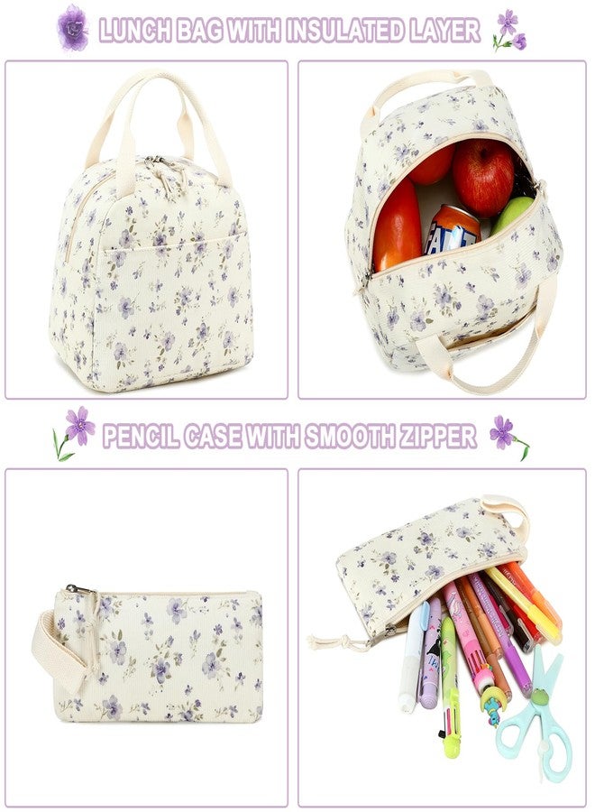 BTOOP School Backpack for Girls Kids Teens Cute School Bookbag Set with Insulated Lunch Box Pencil Case, Purple Flower 201, Rucksack Backpacks - Image 3