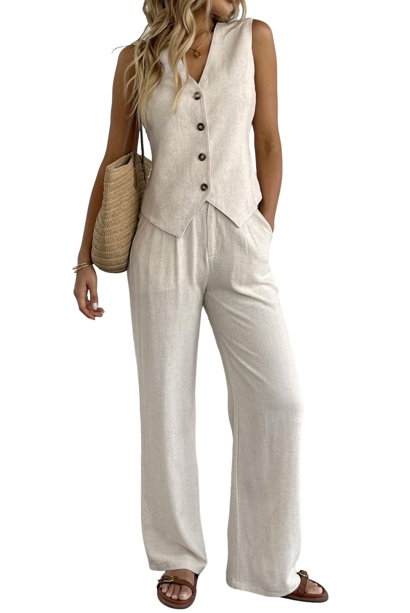 heipeiwa Women's 2 Piece Outfits Linen Vest Waistcoat Dressy Casual Sets Wide Leg Pants Suits Beige - Image 1