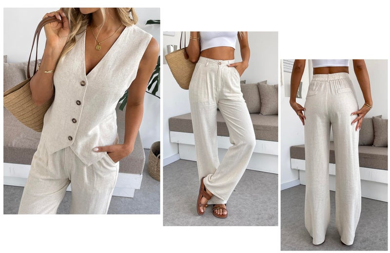 heipeiwa Women's 2 Piece Outfits Linen Vest Waistcoat Dressy Casual Sets Wide Leg Pants Suits Beige - Image 5
