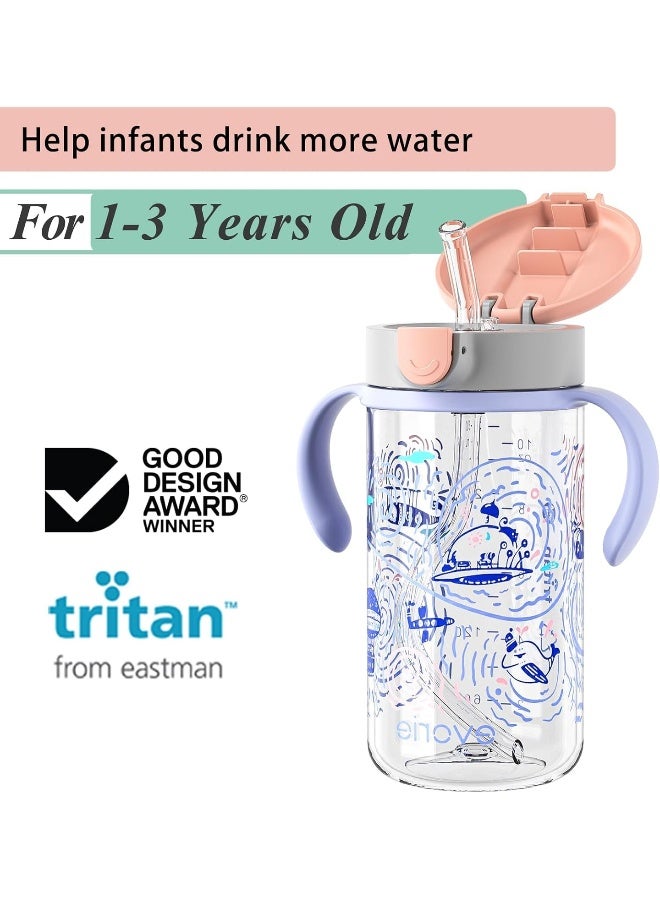 Evorie Tritan Spill Proof Toddler Straw Sippy Cup, 10 oz for Baby and Toddlers 1-3 Years Old, No Spill Straw Water Bottle with Removable Handles, Ideal for School, BPA-Free, Travel in Space - Image 2
