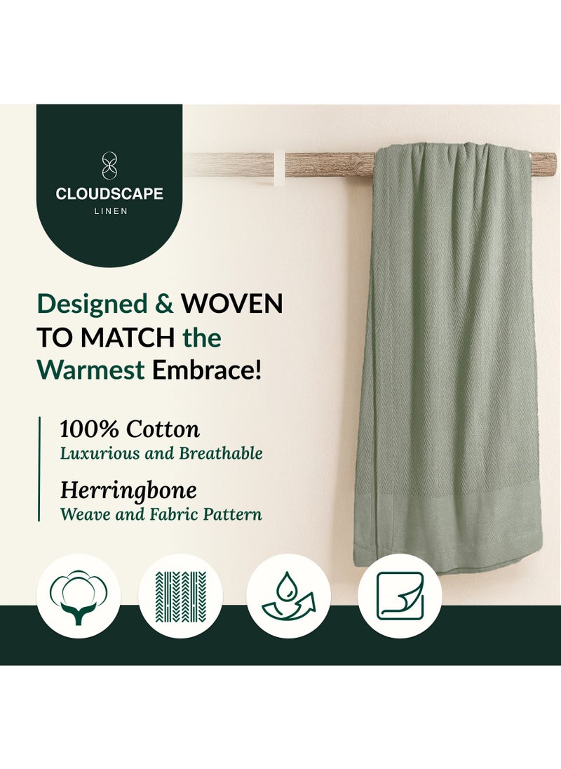 Cloud Scape Linen 100% Cotton Herringbone Blanket for All Season, Soft and Breathable Thermal Blanket,Olive Green  - Image 3