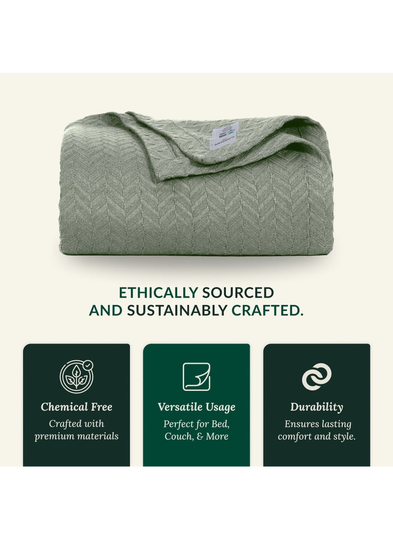 Cloud Scape Linen 100% Cotton Herringbone Blanket for All Season, Soft and Breathable Thermal Blanket,Olive Green  - Image 5