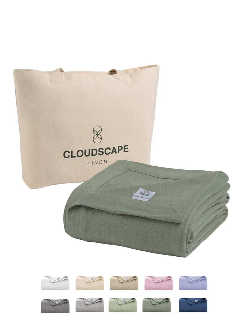 Cloud Scape Linen 100% Cotton Herringbone Blanket for All Season, Soft and Breathable Thermal Blanket,Olive Green  - Image 1