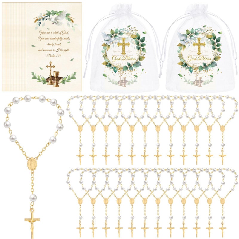 Blulu 24 Pack Baptism Favors Set Includes Mini Rosary Favors Acrylic Rosary Beads Faux Pearls with Cross Psalm Cards and God Bless Organza Bags for Christening Baby Shower First Communion Gifts - Image 2