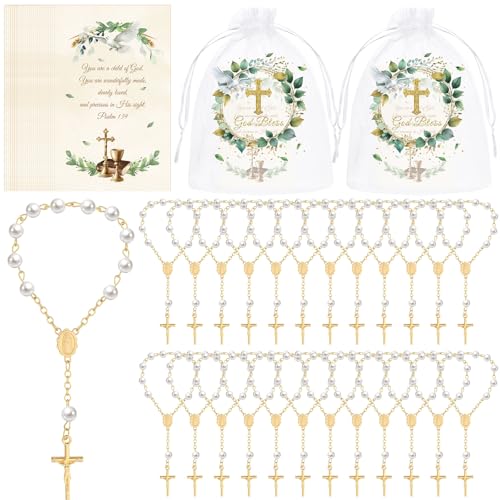 Blulu 24 Pack Baptism Favors Set Includes Mini Rosary Favors Acrylic Rosary Beads Faux Pearls with Cross Psalm Cards and God Bless Organza Bags for Christening Baby Shower First Communion Gifts - Image 1