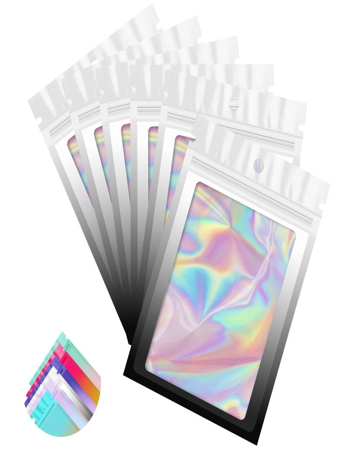 Funfery 100 Pack Gradient Holographic Bags,Resealable Bags with Zipper,Clear Window Packaging Pouchs,Foil Bag for Food Storage,Small Business,Sample Jewelry Bag(3.5×4.7In,White Black) - Image 1