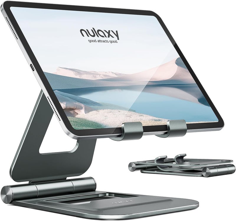 nulaxy Aluminum Dual Foldable iPad Stand, Fully Adjustable Desktop Tablet Holder, Tablet Accessories for Office Kindle Compatible with Mobile Devices iPad Pro/Air/Mini, iPhone Pro/Max/Plus, Gray - Image 1