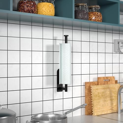 Funvolution Paper Towel Holder, Self Adhesive or Screw Mounting, Black Wall Mount SUS304 Stainless Steel Paper Towel Holder Under Cabinet for Kitchen, Counter, Cabinet, Bathroom - Image 3