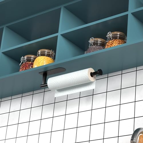 Funvolution Paper Towel Holder, Self Adhesive or Screw Mounting, Black Wall Mount SUS304 Stainless Steel Paper Towel Holder Under Cabinet for Kitchen, Counter, Cabinet, Bathroom - Image 2