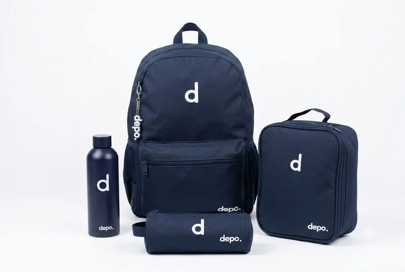 Depo DEPO 4-Piece School Set for Kids – 44 cm Navy Blue Backpack with Insulated Lunch Bag, Matching Pencil Case & 500ml BPA-Free Water Bottle