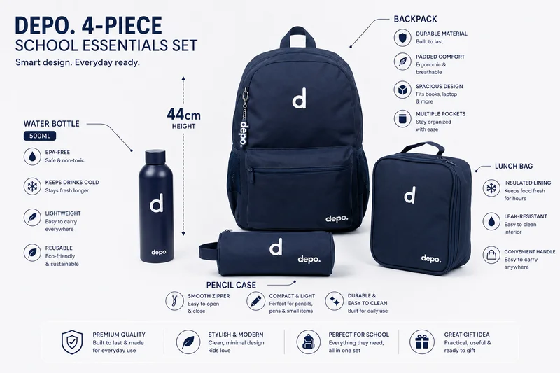 Depo DEPO 4-Piece School Set for Kids – 44 cm Navy Blue Backpack with Insulated Lunch Bag, Matching Pencil Case & 500ml BPA-Free Water Bottle