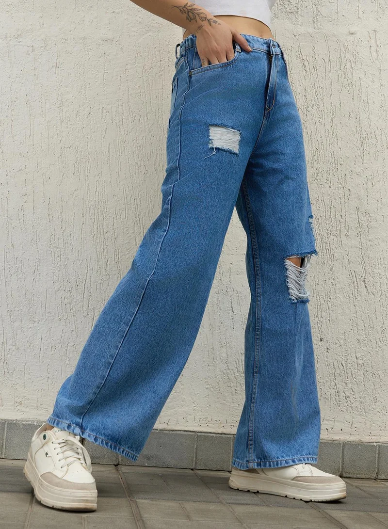 Hubberholme Women's Indigo 100% Cotton Bleached Full Length Baggy Jeans