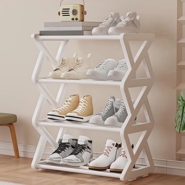 LINGWEI Plastic Shoe Rack 4-Tier – Space-Saving Shoe Storage Organizer for Entryway, Bedroom & Closet – Sturdy Plastic + Steel Pipe, Easy No-Tool Assembly (White) - Image 1