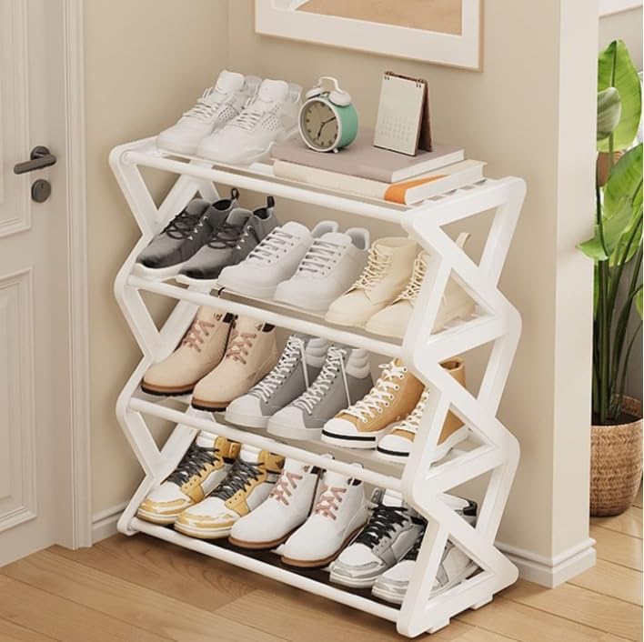LINGWEI Plastic Shoe Rack 4-Tier – Space-Saving Shoe Storage Organizer for Entryway, Bedroom & Closet – Sturdy Plastic + Steel Pipe, Easy No-Tool Assembly (White) - Image 4