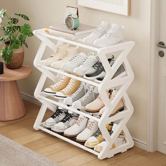 LINGWEI Plastic Shoe Rack 4-Tier – Space-Saving Shoe Storage Organizer for Entryway, Bedroom & Closet – Sturdy Plastic + Steel Pipe, Easy No-Tool Assembly (White) - Image 3