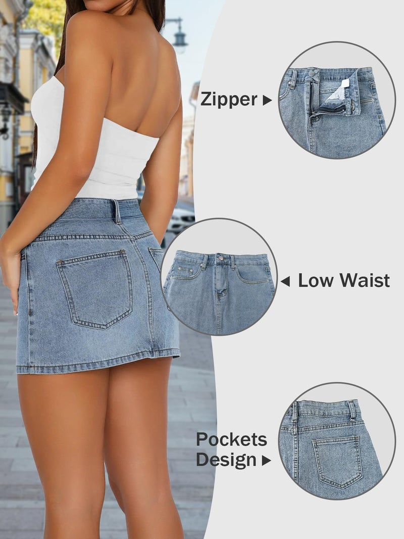 DEICAEVO Womens Denim Skirt Casual Mini Jean Skirt Stretch Low Waist Jean Skirt for Women Zip Fly Denim Mini Skirts Light Blue L - Image 4