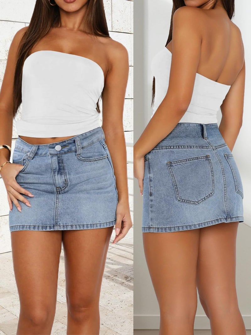 DEICAEVO Womens Denim Skirt Casual Mini Jean Skirt Stretch Low Waist Jean Skirt for Women Zip Fly Denim Mini Skirts Light Blue L - Image 5