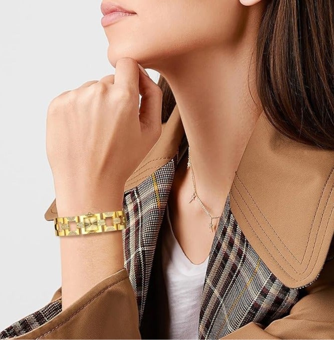 Women's Luxury Square Watch: Elegant Small Bar-Shaped Markers Analog Quartz Watches Bling Full Rhinestone Wristwatch Gold Strap with Gold Dial - Image 5
