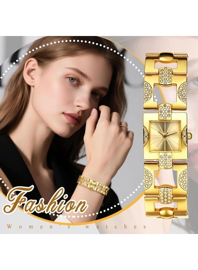 Women's Luxury Square Watch: Elegant Small Bar-Shaped Markers Analog Quartz Watches Bling Full Rhinestone Wristwatch Gold Strap with Gold Dial - Image 3