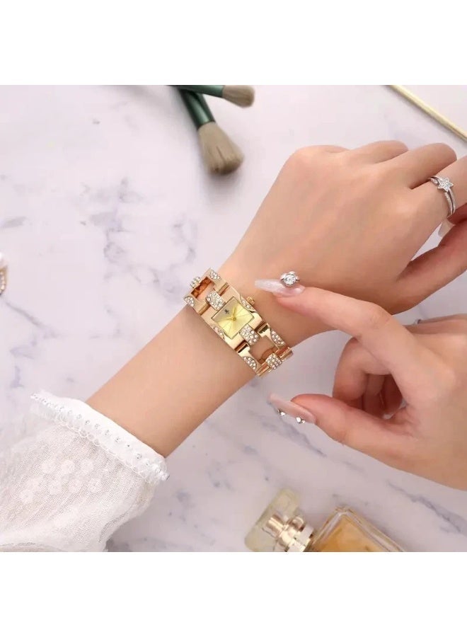 Women's Luxury Square Watch: Elegant Small Bar-Shaped Markers Analog Quartz Watches Bling Full Rhinestone Wristwatch Gold Strap with Gold Dial - Image 2