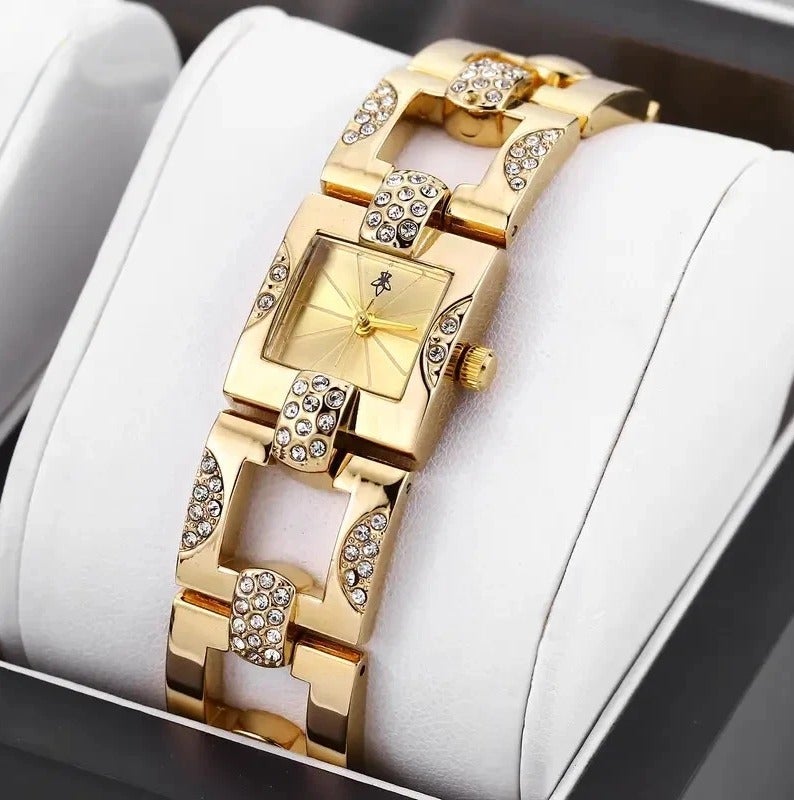 Women's Luxury Square Watch: Elegant Small Bar-Shaped Markers Analog Quartz Watches Bling Full Rhinestone Wristwatch Gold Strap with Gold Dial - Image 1