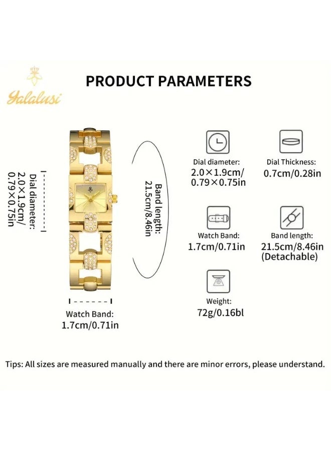Women's Luxury Square Watch: Elegant Small Bar-Shaped Markers Analog Quartz Watches Bling Full Rhinestone Wristwatch Gold Strap with Gold Dial - Image 4